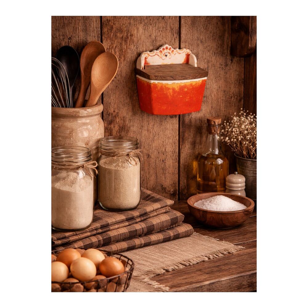 Vintage Wood Cover Orange Ceramic Stoneware Salt Box Wall Hanging